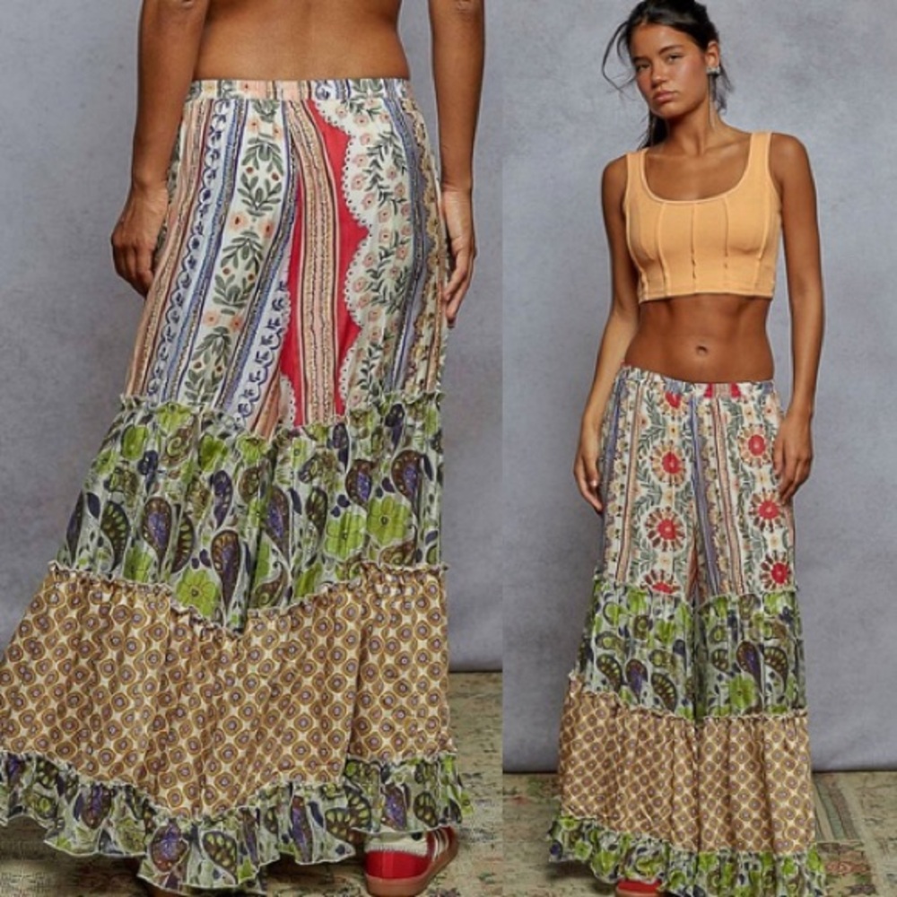 New POL Boho Hippie Colorful Print Patchwork Wide Leg Palazzo Pull On Pants - Picture 5 of 8